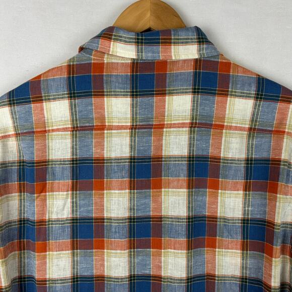 Bonobos Linen Blend Blue Plaid Button Up Shirt Long Sleeve Rust Men's Size M - Picture 9 of 11
